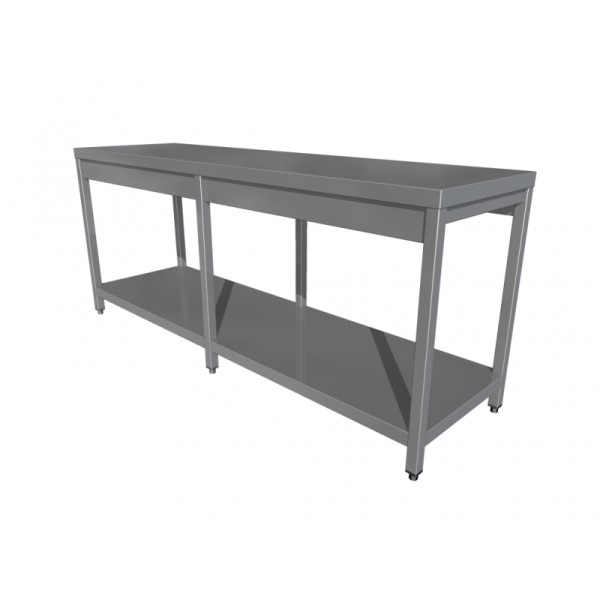Masă de lucru inox cu o poliță și 6 picioare