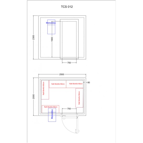 Cameră frigorifică 11,5 m³ (2,0 x 2,5 x 2,3 m), cu agregat monobloc  TCS012