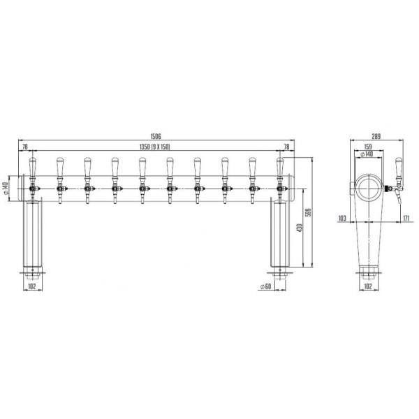 Coloană de bere pentru 10 robineți fără iluminare  Tower Naked Cold Bridge (Lindr)