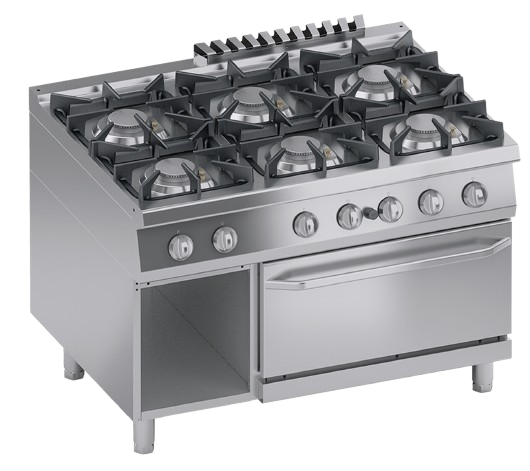 Gas range 6 burners + gas oven 2/1 gn + open cabinet | K4GCUS15FF