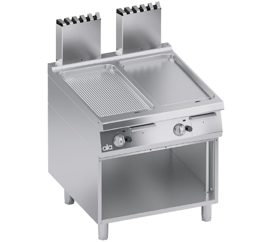 Gas low-built griddle plate 1 module 1/2 smooth 1/2 grooved plate + open cabinet | K4GFBP10VVR